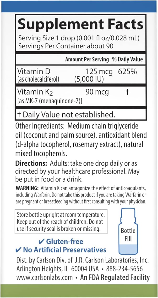 Carlson - Super Daily D3 + K2, 125 mcg (5000 IU) Vitamin D3, 90 mcg Vitamin K2 as MK-7, Bone Support, 90 Liquid Drops (2.54 mL)