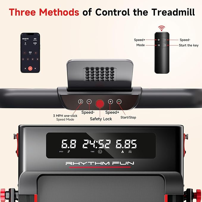 RHYTHM FUN Treadmill with Incline, Walking Pad with Handle Bar,300lbs Walking Pad with APP, Portable Folding Walking Treadmills for Home/Office with Low Noise