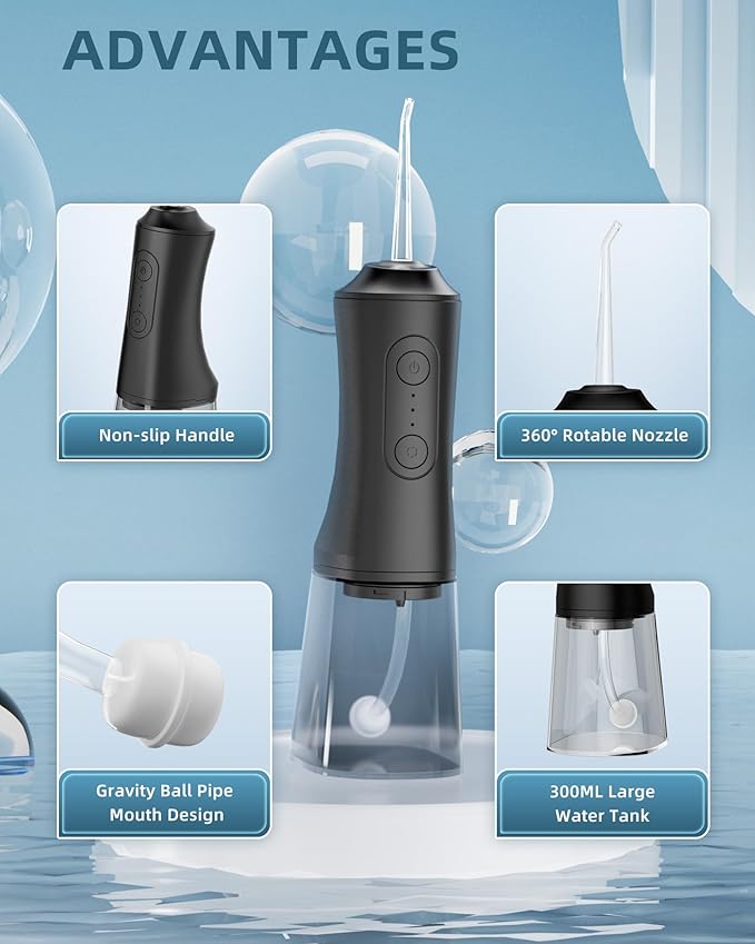 Water Flosser, Water Dental Flosser Pick for Teeth, 300ML IPX7 Waterproof Oral Irrigator, 3 Modes 4 Replaceable Jet Tips, Professional Flossing Cleaning Picks for Home Travel Gums, Braces Care (Black)
