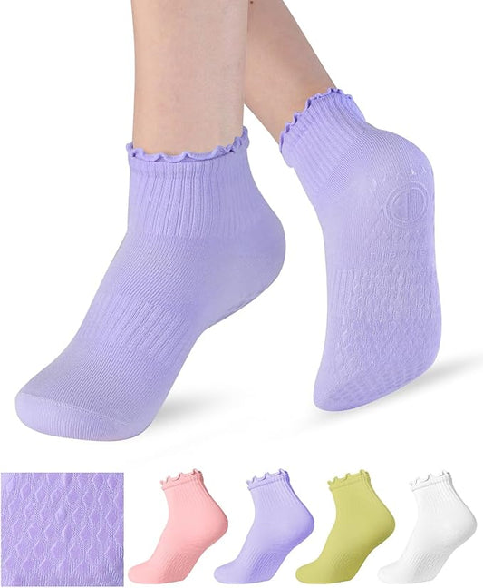 Non Slip Grip Yoga Socks for Women Breathable Cute Ruffle Ankle Socks for Yoga, Pilates, Barre Workouts