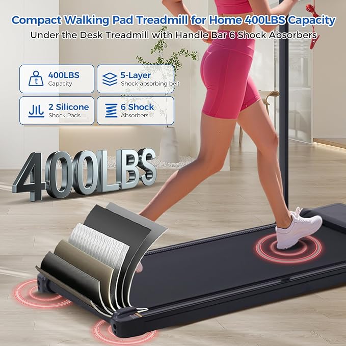 Walking Pad Treadmill with Handle Bar, Compact Portable Treadmills for Home Small, Electric Walking Pads with Handles, 3.5HP Quiet and LED Display, 400 LBS Capacity