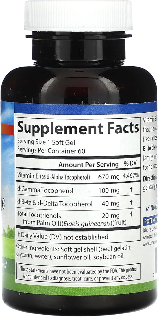 Carlson Labs E-Gems Natural Vitamin E Elite, 1000 IU, 60 Softgels