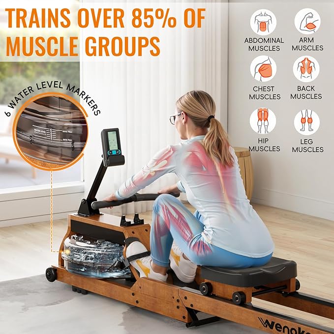 Water Rowing Machine for Home Use, WENOKER Wooden Foldable Rower Machine with Adjustable Monitor & Bluetooth APP, Large Water Tank & Comfortable Seat for Immersive Water Rower, 350LBS Weight Capacity