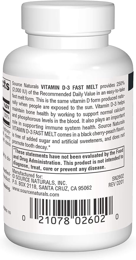 Source Naturals Vitamin D-3 2000 iu Supports Bone & Immune Health - Black Cherry Peach Flavor - 60 Fast Melt Tablets