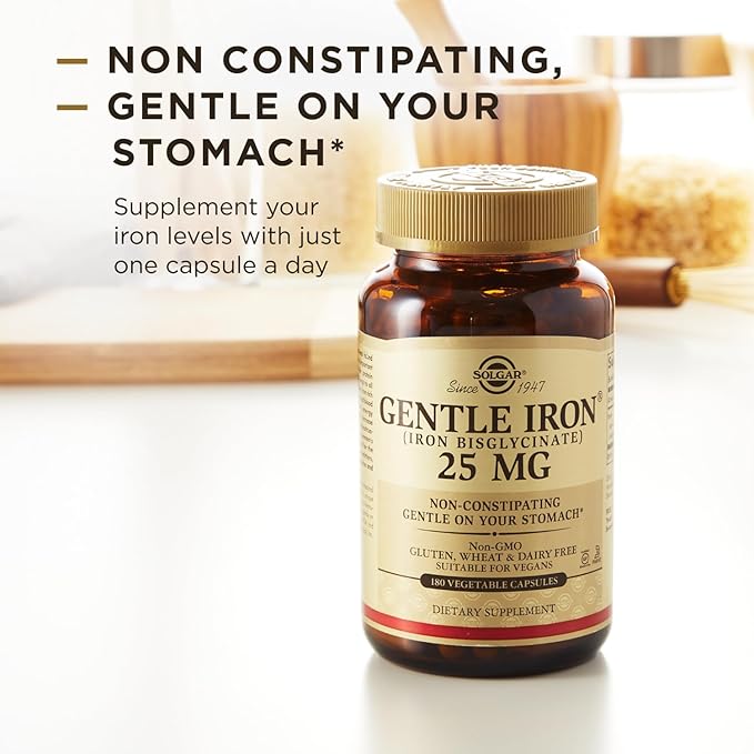 Solgar Gentle Iron, 180 Vegetable Capsules - Ideal for Sensitive Stomachs - Non-Constipating - Red Blood Cell Supplement - Non GMO, Vegan, Gluten-Free, Dairy Free, Kosher - 180 Servings