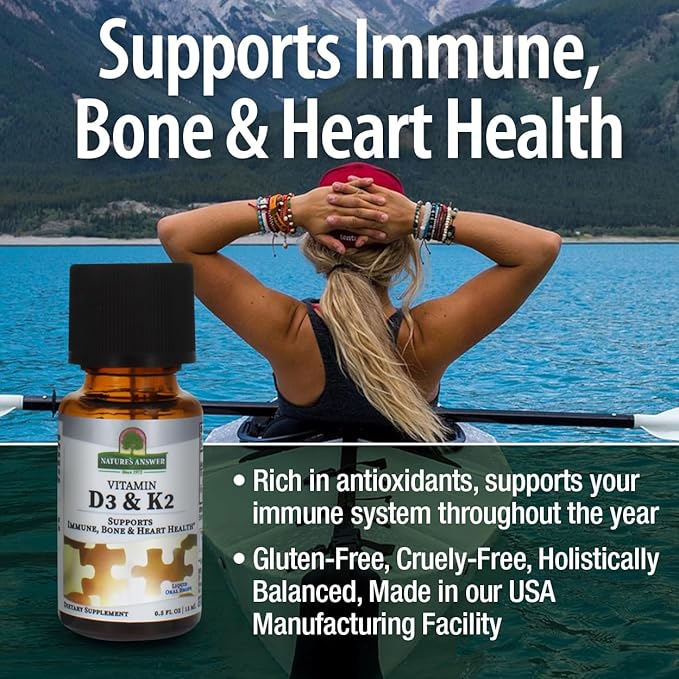 Natures Answer Vitamin D3 and K2, 0.5 oz - Liquid Extract Oral Drops - Supports Immune, Bone and Heart Health - in a Delicious Olive Oil, Rosemary Oil, and Natural Lemon Base