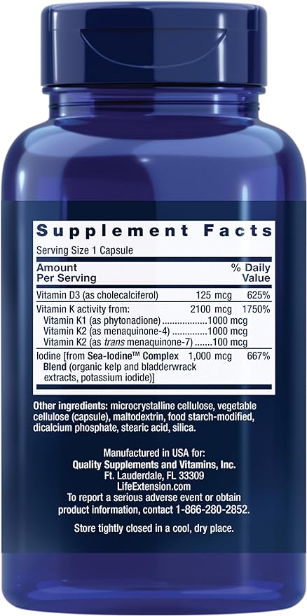 Life Extension Vitamins D and K with SeaIodine Bone Brain Thyroid Arterial Support Non GMO Once Daily Gluten Free, 60 Count