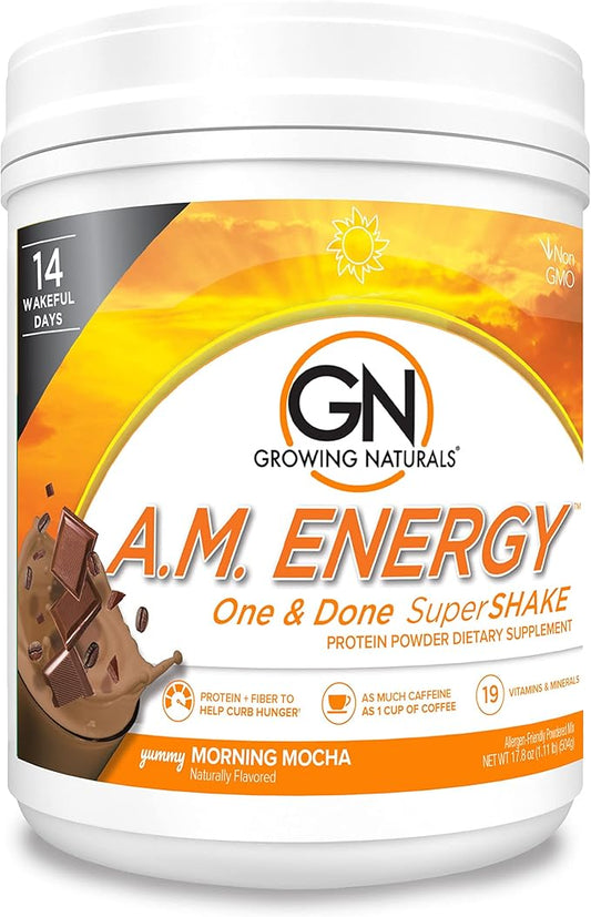Growing Naturals All Natural Plant Based Protein, One & Done Super Shake, 18g Protein with Non-GMO High Fiber and Gluten Free, A.M. Energy 1 Pound (Pack of 1)