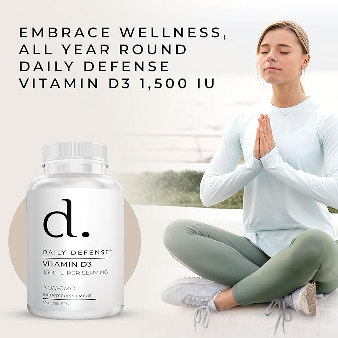 Immune Defense Supplements Vitamin D3 1500 IU for Heart Health, Daily Immune Support, Mental Clarity, & Muscle Function - 100 Vitamin D Tablets (D3 1500 IU)