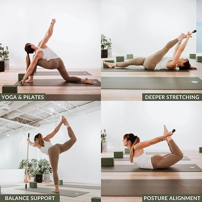 Yoga Stick Made from Natural Bamboo - 5ft Stretching Stick for All Fitness Levels - Stretch Stick with Non-Slip Handles for Mobility, Balance & Physical Therapy - Access 20+ Online Video & PDF Guides
