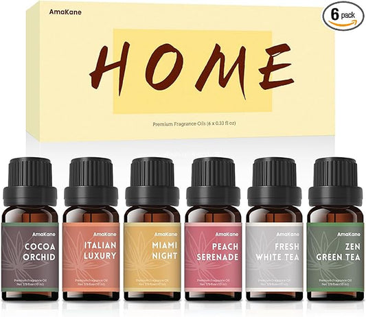 AmaKane Home Fragrance Oils, Diffuser Oils Scents for Home, Candle Making Scents, Fragrance Oil for Soap Making, Fresh White Tea, Cocoa Orchid, Peach Serenade and More Essential Oils, 6x10 ml