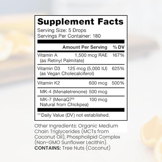 Pure TheraPro Rx Vegan A-D-K Drops-6 Mon Supply-Vitamin A(Palmitate & Betacarotene),Liposomal Vitamin D3(as vegan cholecalciferol),Liposomal Vitamin K2(MK-4 & MK-7)Supports Immunity & Bone Health-20mL