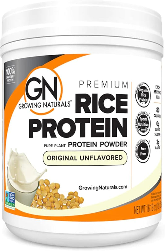 Growing Naturals Organic Rice Protein Powder - 15g Plant Protein, 2.8G BCAA - Low-Carb, Low-Sugar, Non-GMO - Original Unflavored, 16.2 Ounce (Pack of 1)