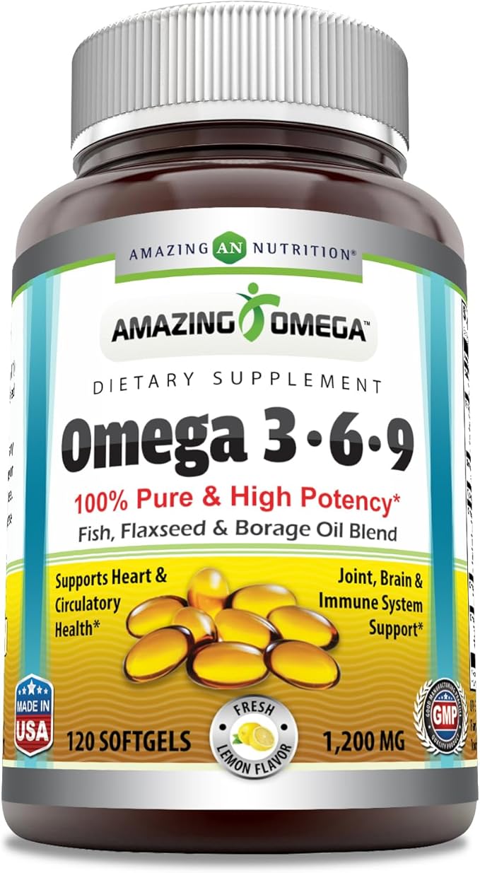 Amazing Omega 3.6.9 Supplement | 1200 Mg Per Serving | 120 Softgels | Lemon Flavor | Non-GMO | Gluten-Free | Made in USA
