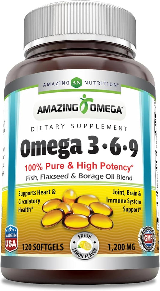 Amazing Omega 3.6.9 Supplement | 1200 Mg Per Serving | 120 Softgels | Lemon Flavor | Non-GMO | Gluten-Free | Made in USA