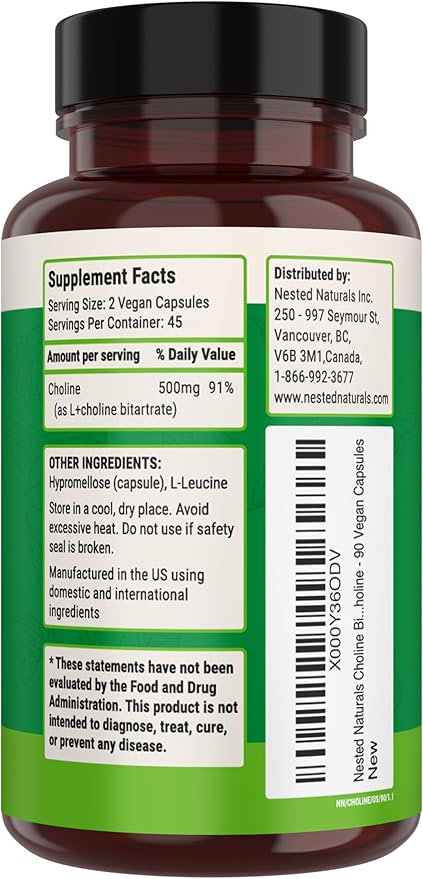 Nested Naturals Choline Bitartrate 500mg - High Potency Choline Supplements - Supports Cognitive Performance & Liver Function - 100% Vegan & Non-GMO Choline - 3-Pack (270 Vegan Capsules)