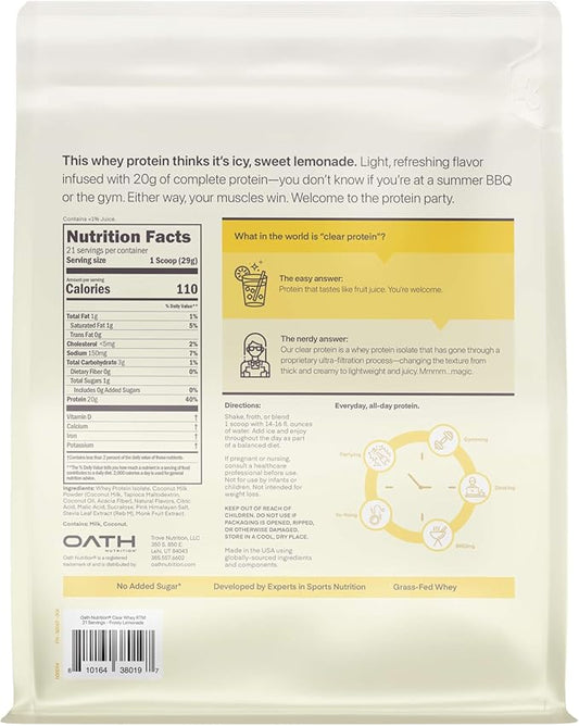Oath Nutrition Clear Whey Isolate Protein Powder, Frosty Lemonade, 20g Complete Protein per Serving, No Added Sugar, Grass-Fed, 21 Servings