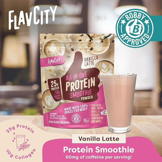FlavCity Grass Fed Whey Protein Powder - Vanilla Latte - 25g Protein, 10g Collagen & 60mg of Caffeine - Made with Real Vanilla Bean & Organic Coconut - Gluten Free & No Added Sugars (20 Servings)