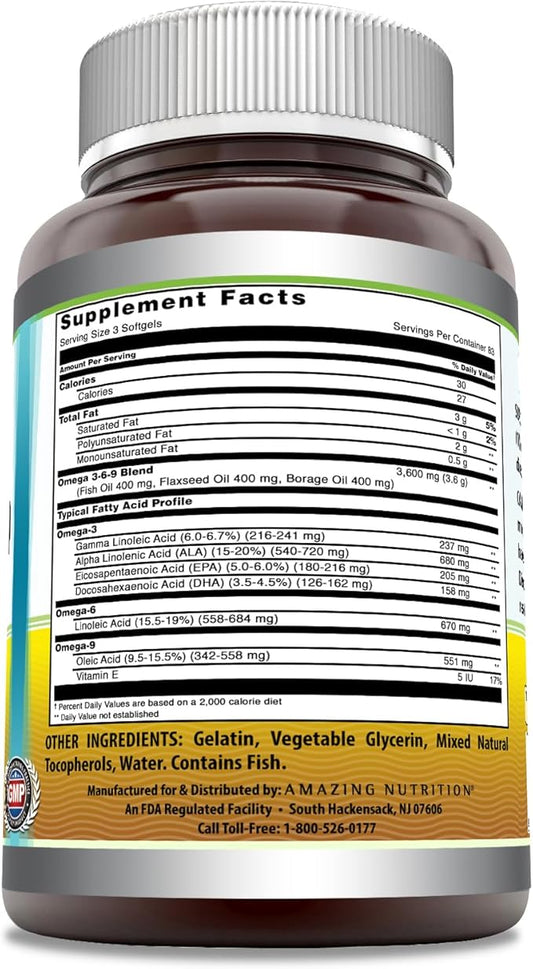 Amazing Omega 3.6.9 Supplement | 1200 Mg Per Serving | 250 Softgels | Unflavored | Non-GMO | Gluten-Free | Made in USA