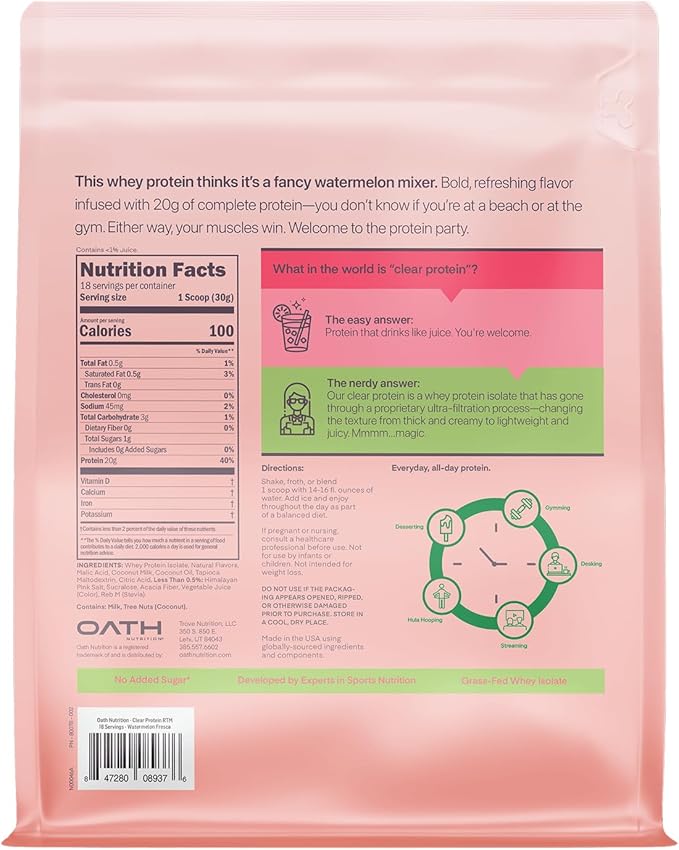 Oath Nutrition Clear Whey Isolate Protein Powder, Watermelon Fresca, 20g Complete Protein per Serving, No Added Sugar, Grass-Fed, 18 Servings