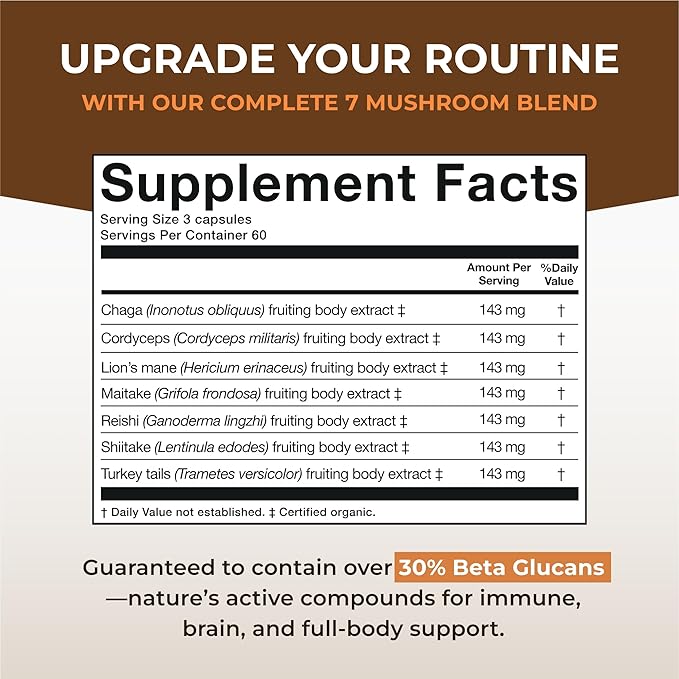 Naturealm Sacred 7 Organic Mushroom Extract Capsules - Premium 7 Mushroom Supplement with Lions Mane, Reishi, Chaga - Immune Support & Focus - 180 Vegetarian Capsules