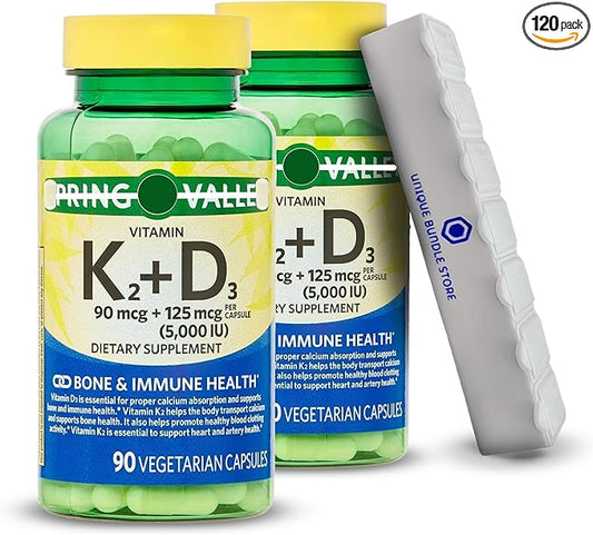 Spring Valley, K2 D3 Vitamin Supplement, 90mcg + 125mcg Vegetarian Capsules 90 Count, Vitamin D3 K2 + 7 Day Pill Organizer Included (Pack of 2)