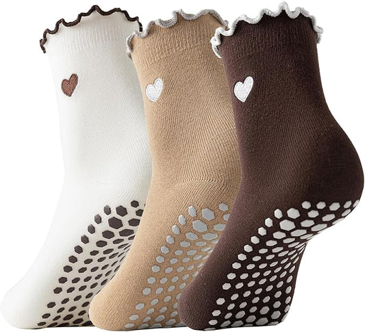 3 Pairs Pilates Socks with Grips Non-slip Ruffle Cute Heart Yoga Grip Sock for Women
