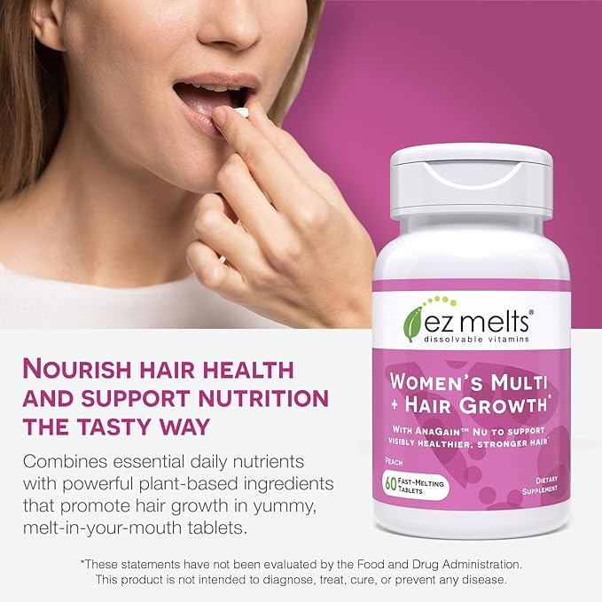 EZ Melts Dissolvable Multivitamin for Women + Hair Growth with Biotin, Bamboo Extract & Clinically Studied AnaGain Nu, Supports Visibly Healthier, Stronger Hair, Sugar-Peach Flavor - 1 Pack
