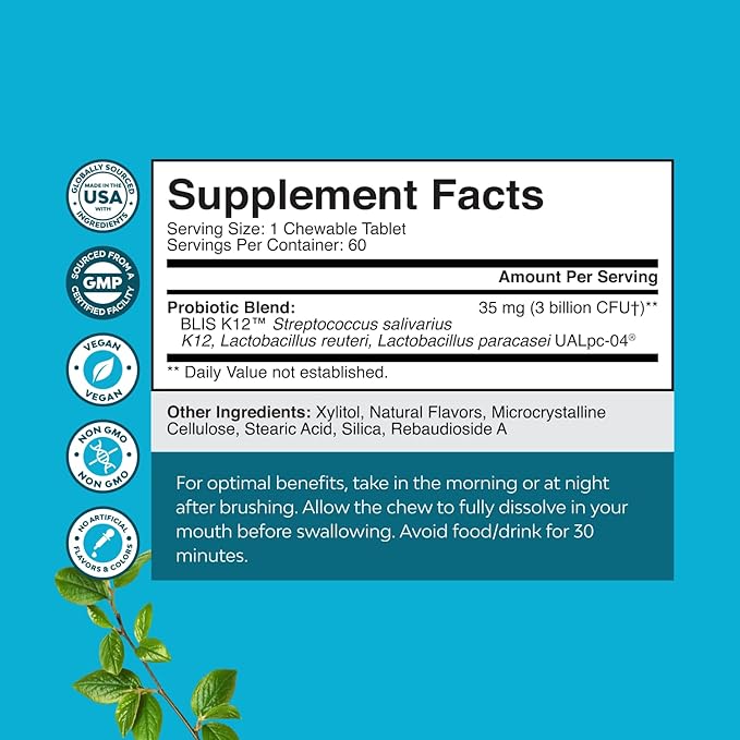 Oral Probiotics for Teeth and Gums - Minty Fresh BLIS K12 Oral Probiotics for Mouth Bad Breath Dry Mouth and Dental Health Support with 3 Billion CFU - Chewable Xylitol Lozenges Mint Flavor (60 Count)