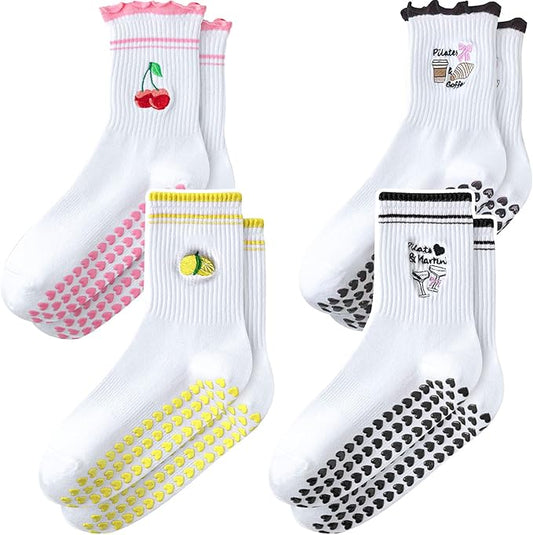 ZFiSt Pilates Socks with Grips for Women,4Pairs Ruffle Yoga Sock Cute Cotton Grippy Socks for Barre Workout Non Slip 5-10in