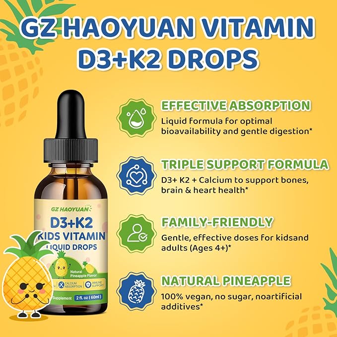 Kids Vitamin D3 K2 Drops, Vitamin D3 K2 (MK-7) Supplement with Calcium for Kids & Adults - Support Healthy Bones & Teeth, Calcium Absorption & Immunity, Sugar Free Pineapple Flavor 2 FL OZ