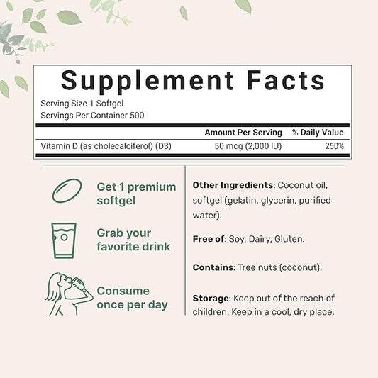 Micro Ingredients Vitamin D3 2,000 IU, 500 Softgels | Virgin Coconut Oil | Cholecalciferol Form | Bone, Immune & Heart Support | Easy to Swallow, Non-GMO