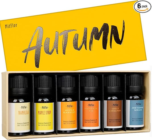 Autumn Essential Oils, MitFlor Fall Fragrance Oils for Candle Soap Making, 10ml x 6 Essential Oils for Diffusers for Home, Aromatherapy Gift Set for Halloween, Pumpkin Pie, Maple Syrup & Autumn Walk