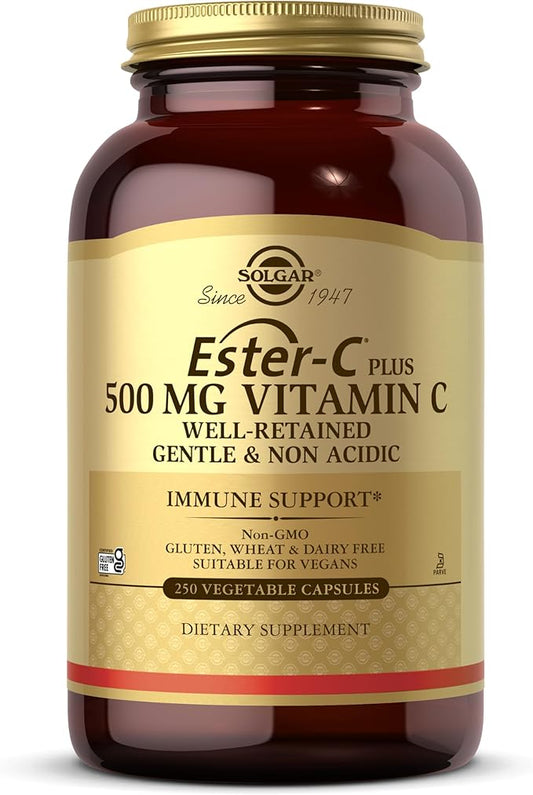 Solgar Ester-C Plus 500 mg Vitamin C (Ascorbate Complex), 250 Vegetable Capsules - Gentle & Non Acidic - Antioxidant & Immune Support - Non GMO, Vegan, Gluten Free, Kosher - 250 Servings