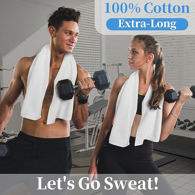 Sweat Towel for Men & Women, Sports Hand Towel for Yoga, Shower, Tennis, Running, Exercise & Fitness - 100% Cotton, Breathable, Soft & Absorb, Workout Towels for Gym (2PC, 14"x48") , White