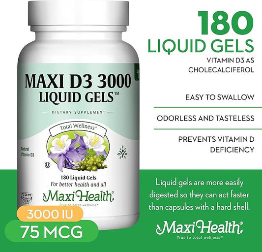 Maxi Health Vitamin D3 3000 IU 75 mcg Vitamin D Supplement for Healthy Bones, Teeth, Immune Support - VIT D3 Supplement Easy to Swallow Non-GMO, Supplement for Men and Women – Kosher 180 Gels