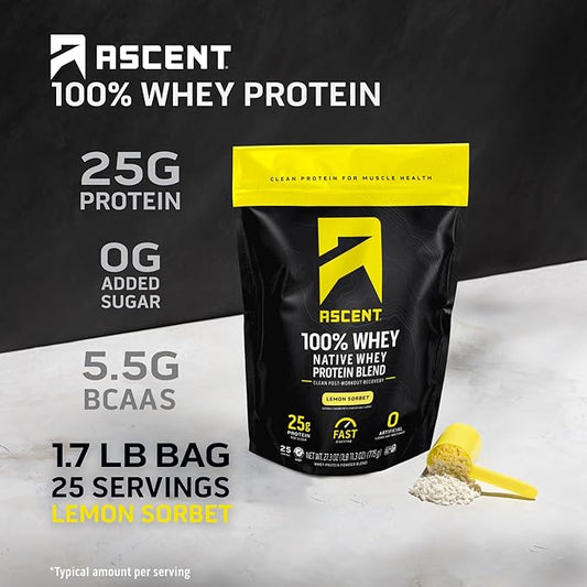Ascent 100% Whey Protein Powder - Post Workout Whey Protein Isolate, Zero Artificial Flavors & Sweeteners, Gluten Free, 5.5g BCAA, 2.6g Leucine, Lemon Sorbet 1.7 lb