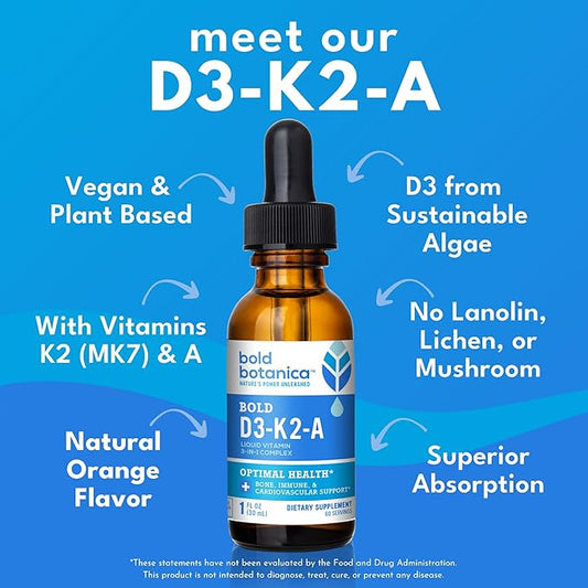 D3-K2-A, Liquid Vitamin Complex, Vegan D3 from Organic Algae with Vitamin K2 (MK7) and A for Immune Support, Natural Orange Flavor, Tastes Delicious, 1 FL OZ. (30mL)