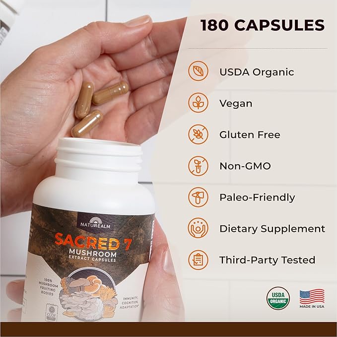 Naturealm Sacred 7 Organic Mushroom Extract Capsules - Premium 7 Mushroom Supplement with Lions Mane, Reishi, Chaga - Immune Support & Focus - 180 Vegetarian Capsules