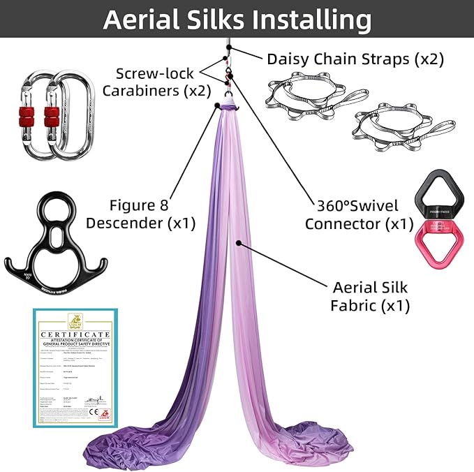 PRIOR FITNESS Aerial Silks Kit Colorful 9/15/20 Yards 40D Nylon Fabric Hammock Set With Hardware & Guide for All Levels Of Aerial Yoga Practice and Acrobatic Flying For Adults Aerial silk