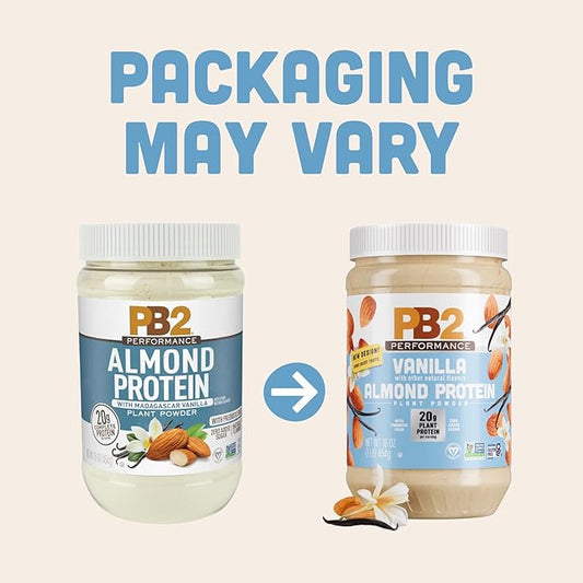 PB2 Performance Almond Plant Based Vegan Protein Powder | 20g Complete Protein, No Added Sugar, Prebiotic Fiber | Dairy Free, Certified Vegan, Non-GMO, Gluten Free [Almond w/Madagascar Vanilla, 1LB]