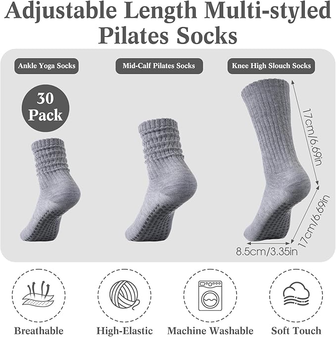 30 Pairs Pilates Socks with Grips Yoga Socks Non Slip Anti Skid Long Ankle Crew Sock Barre for Women Dance Hospital