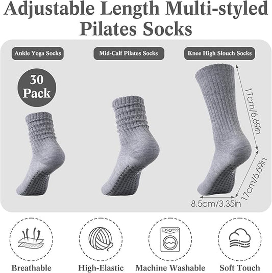 30 Pairs Pilates Socks with Grips Yoga Socks Non Slip Anti Skid Long Ankle Crew Sock Barre for Women Dance Hospital