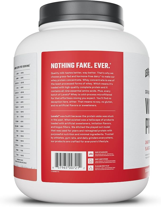Levels Grass Fed Whey Protein Powder, No Artificials, 24G of Protein, Strawberry, 5LB