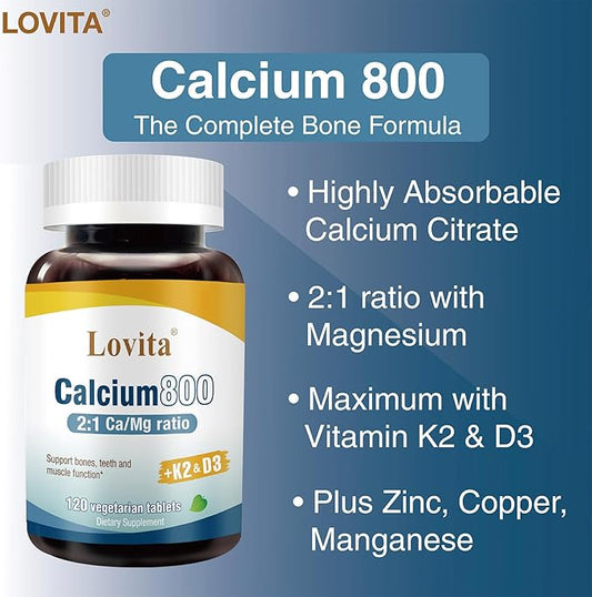 Lovita Calcium Citrate 800 mg with Magnesium, Vitamin D3 & K2, Bone Strength & Density Supplement for Women & Men, Supports Teeth, Immune Health, Gluten Free, Non-GMO, 360 Vegan Tablets