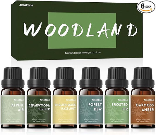 AmaKane Woodland Fragrance Oil, Forest Diffuser Oil Scents, Candle Scents for Candle Making, Soap Making Scents, Frosted Fir, Cedarwood&Juniper, Oakmoss Amber and More Essential Oils 6x10ml