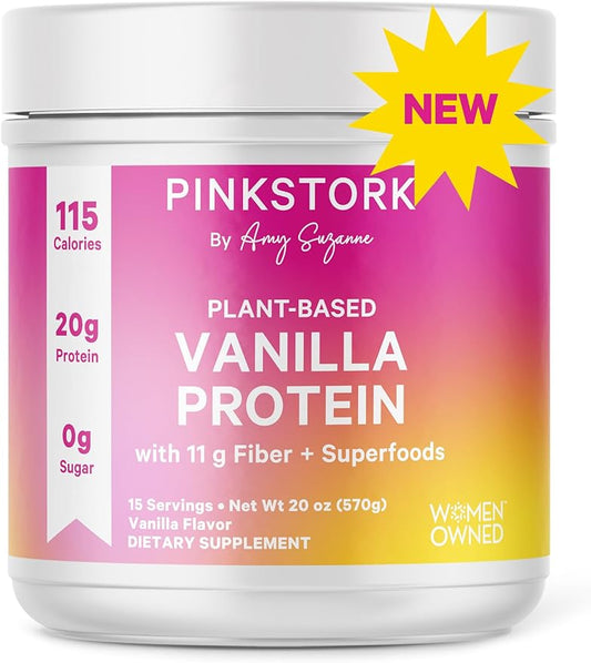 Pink Stork Protein Powder for Women, 20g Plant Based Protein Powder with Fiber + Superfoods, Gluten Free, Dairy Free, Sugar Free, Vanilla Protein Shake - 15 Scoops