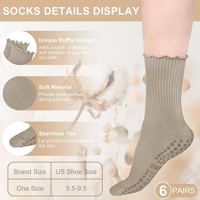 Justay 6 Pairs Womens Pilates Socks with Grips Crew Non Slip Ruffle Cotton for Athletic Workout Barre Hospital Yoga Socks