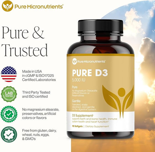 Pure Micronutrients Pure D3 – Vitamin D3 5000 IU, Natural Vitamin D Supplements (Cholecalciferol) - Immune Support, Healthy Muscle Function & Bone Health - 90 Mini Softgels