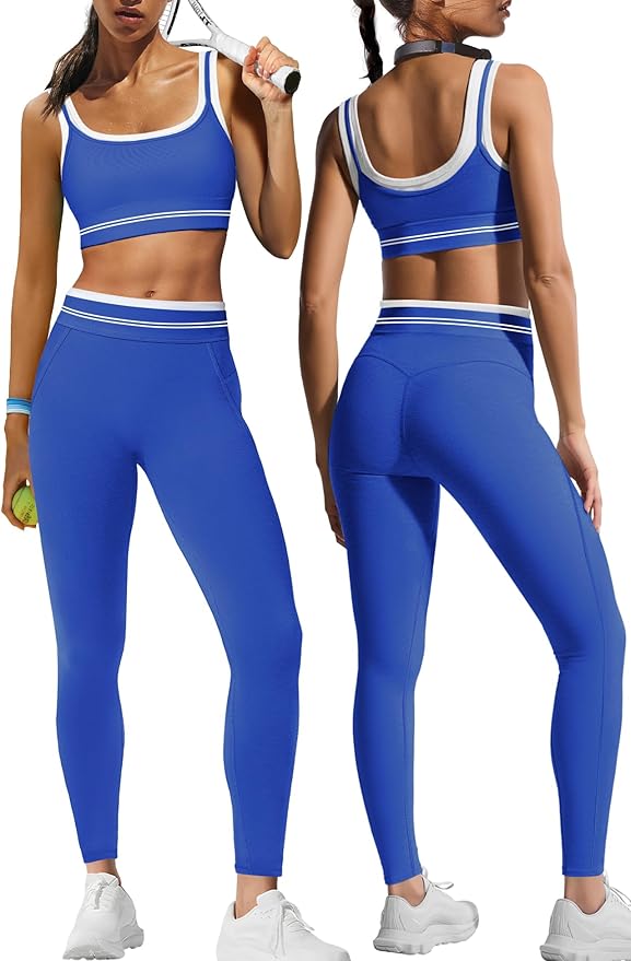Panadila Womens Yoga Set 2 Piece Outfits Striped Workout Set Gym Matching Sports Bra and High Waist Leggings Activewear